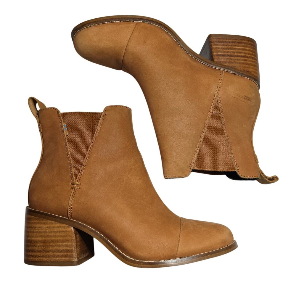 TOMS Esme Waterproof Tan Leather Chelsea Boots Block Heel Ankle Booties Size 6